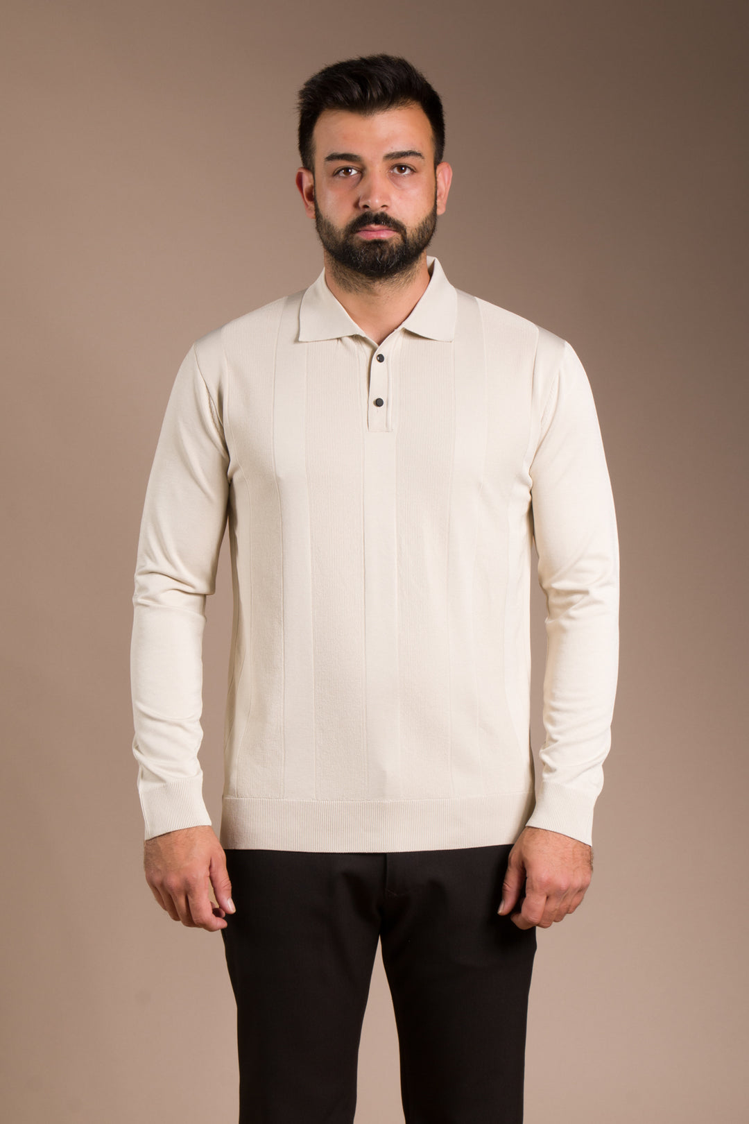 Bej Desenli Polo Yaka Triko Kazak
