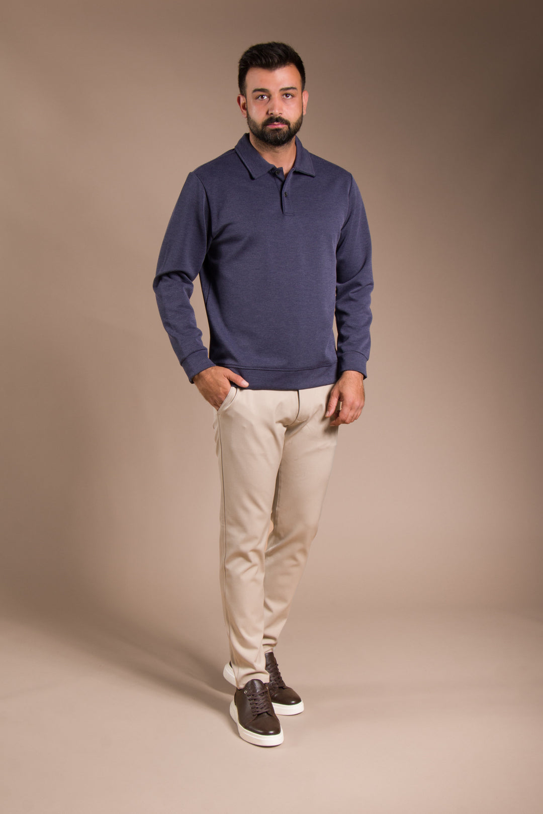 Lacivert Dokulu Polo Yaka Sweatshirt