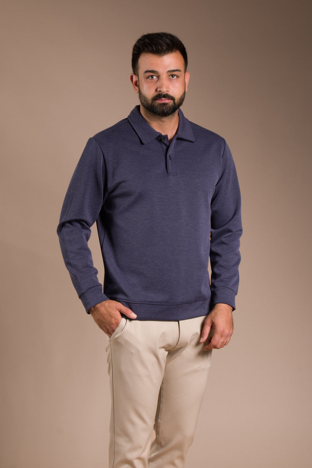 Lacivert Dokulu Polo Yaka Sweatshirt