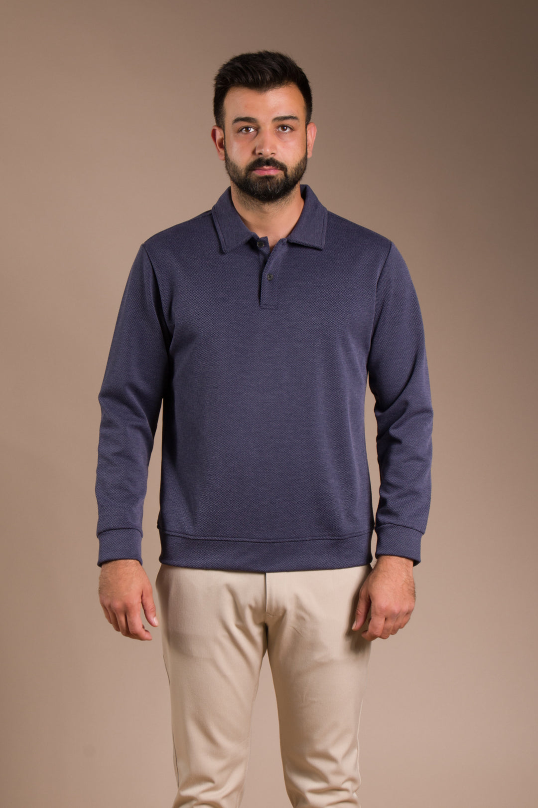 Lacivert Dokulu Polo Yaka Sweatshirt