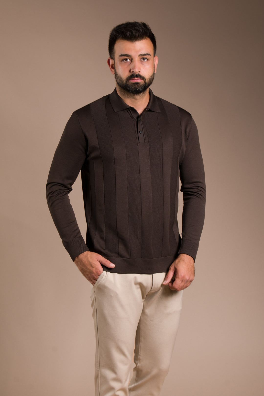 Kahve Desenli Polo Yaka Triko Kazak