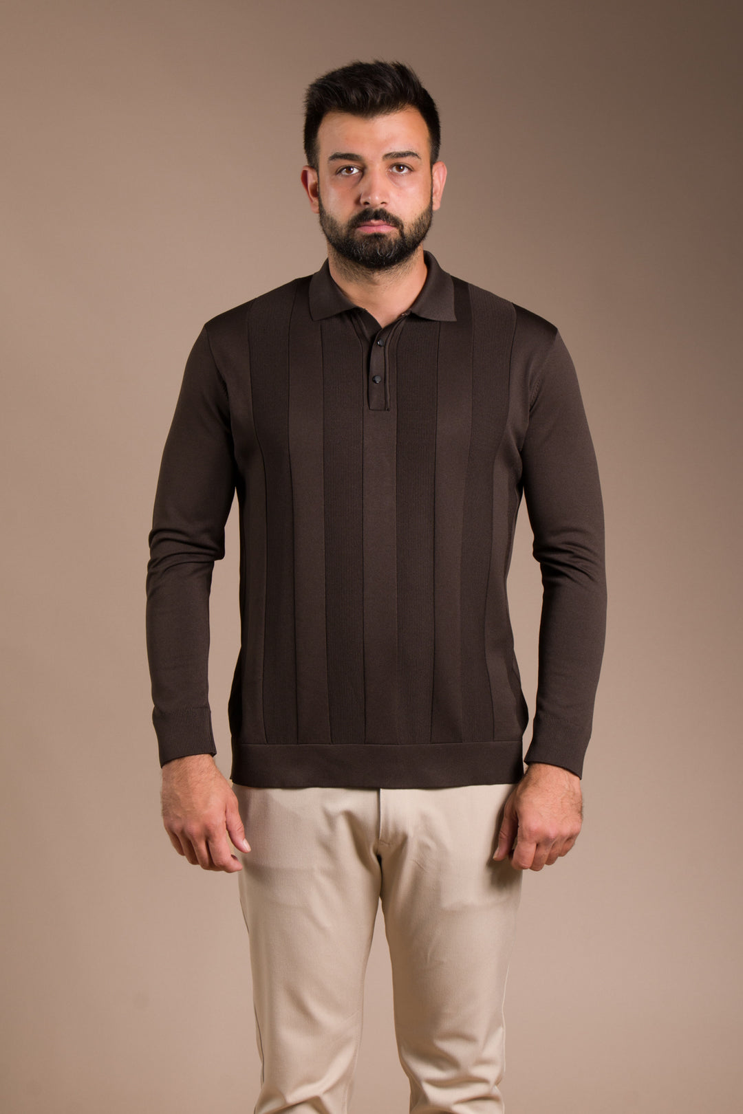 Kahve Desenli Polo Yaka Triko Kazak