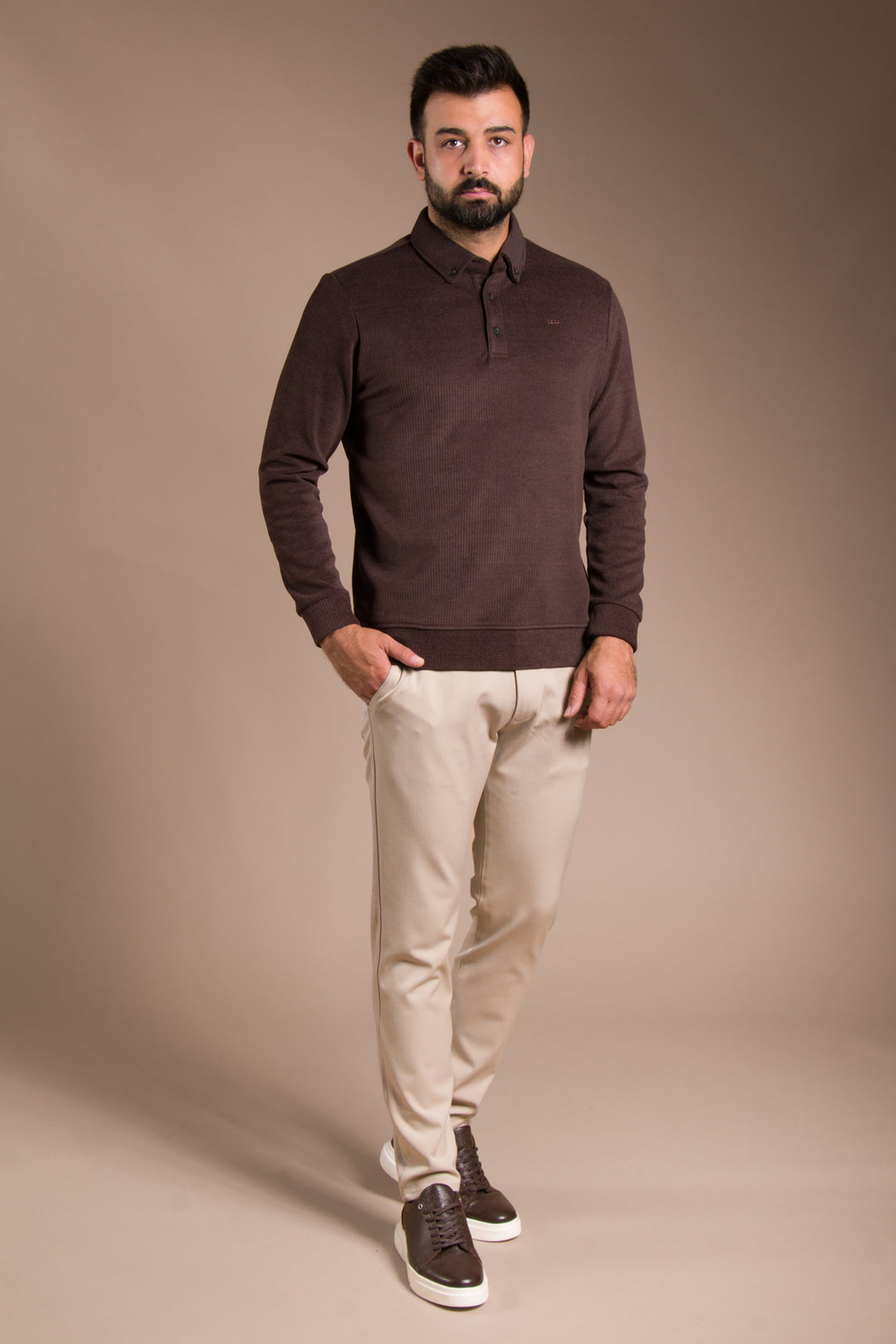 Kahve Polo Yaka Kadife Sweatshirt