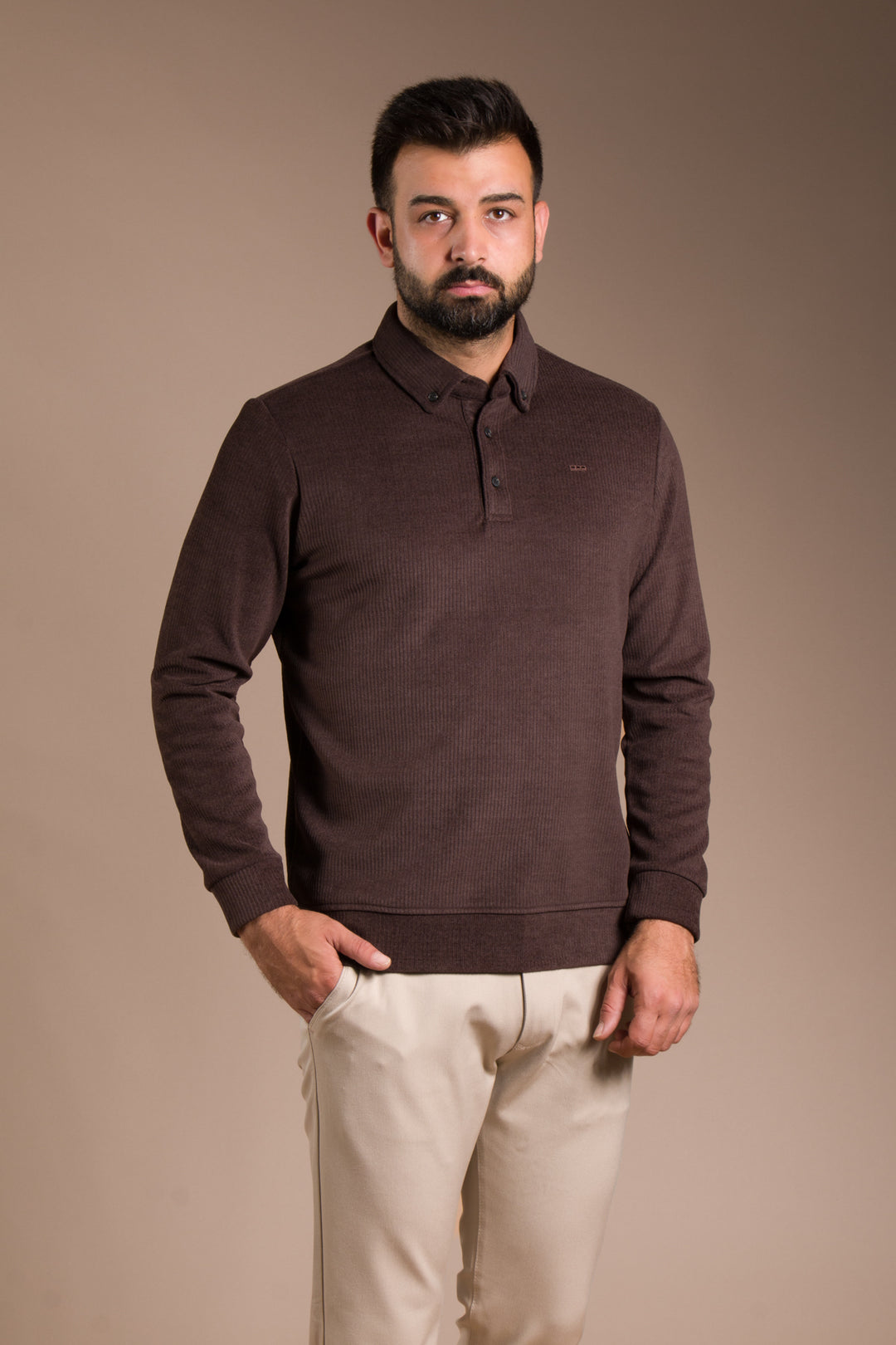 Kahve Polo Yaka Kadife Sweatshirt