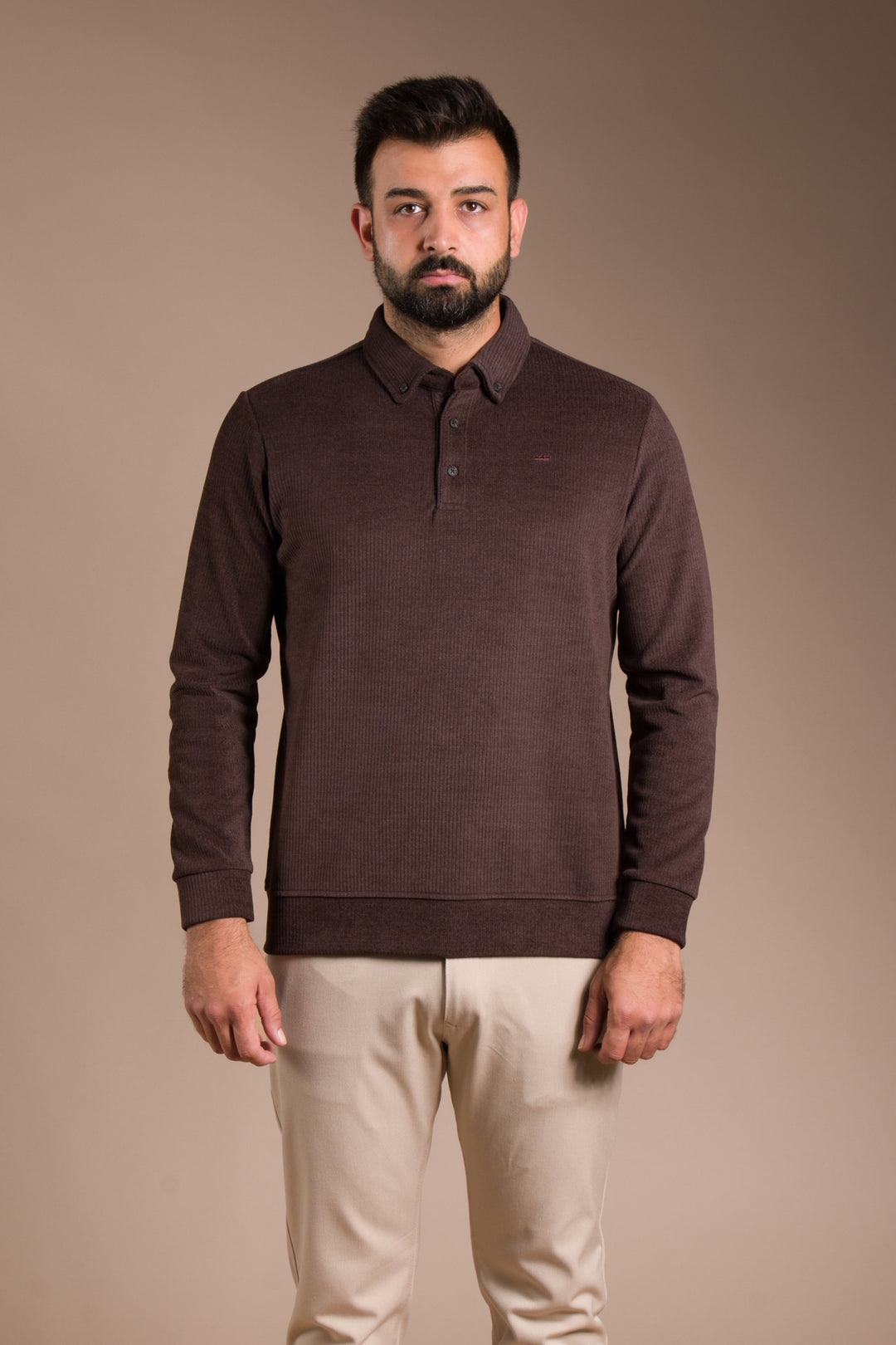 Kahve Polo Yaka Kadife Sweatshirt