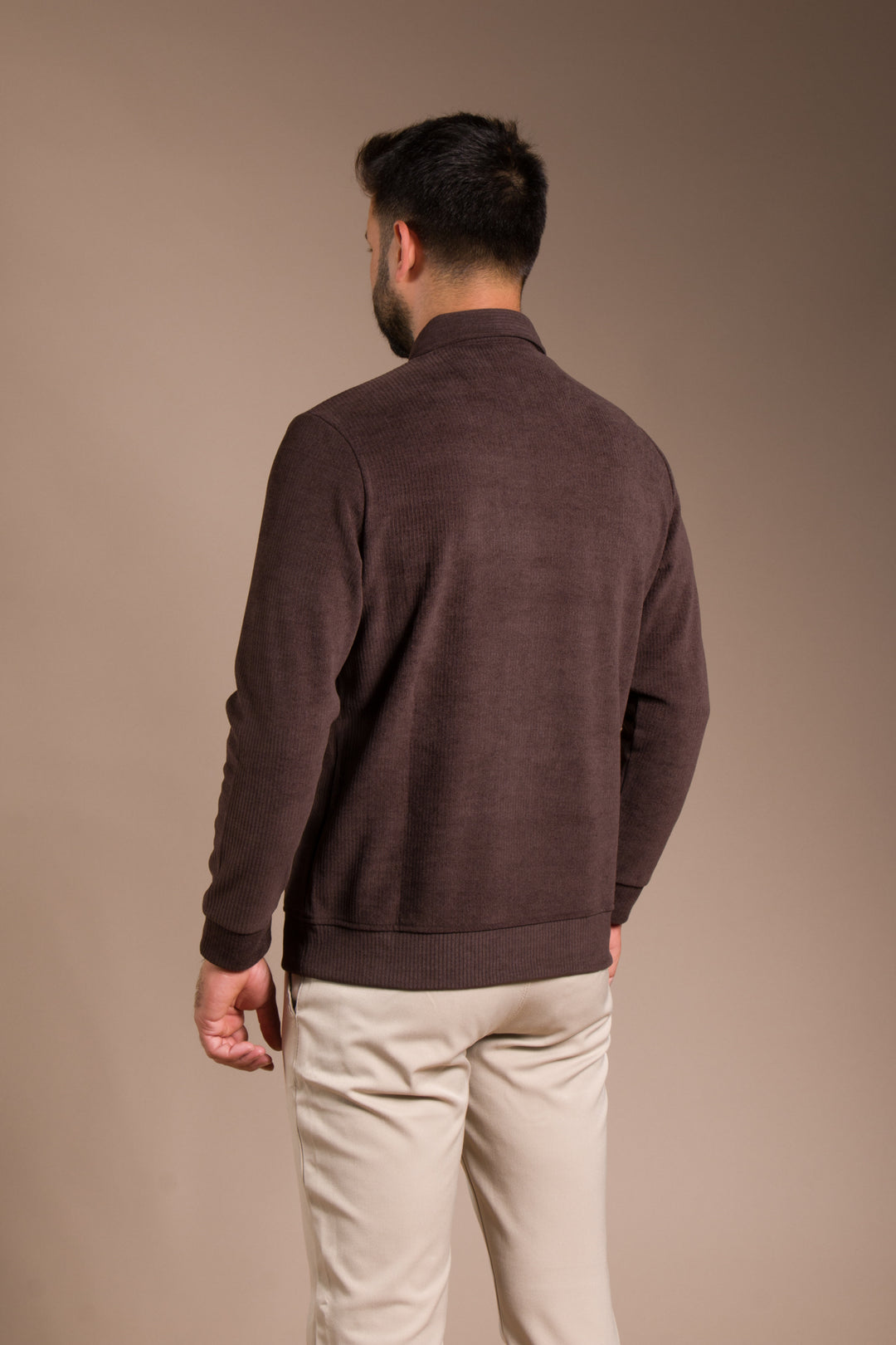 Kahve Polo Yaka Kadife Sweatshirt