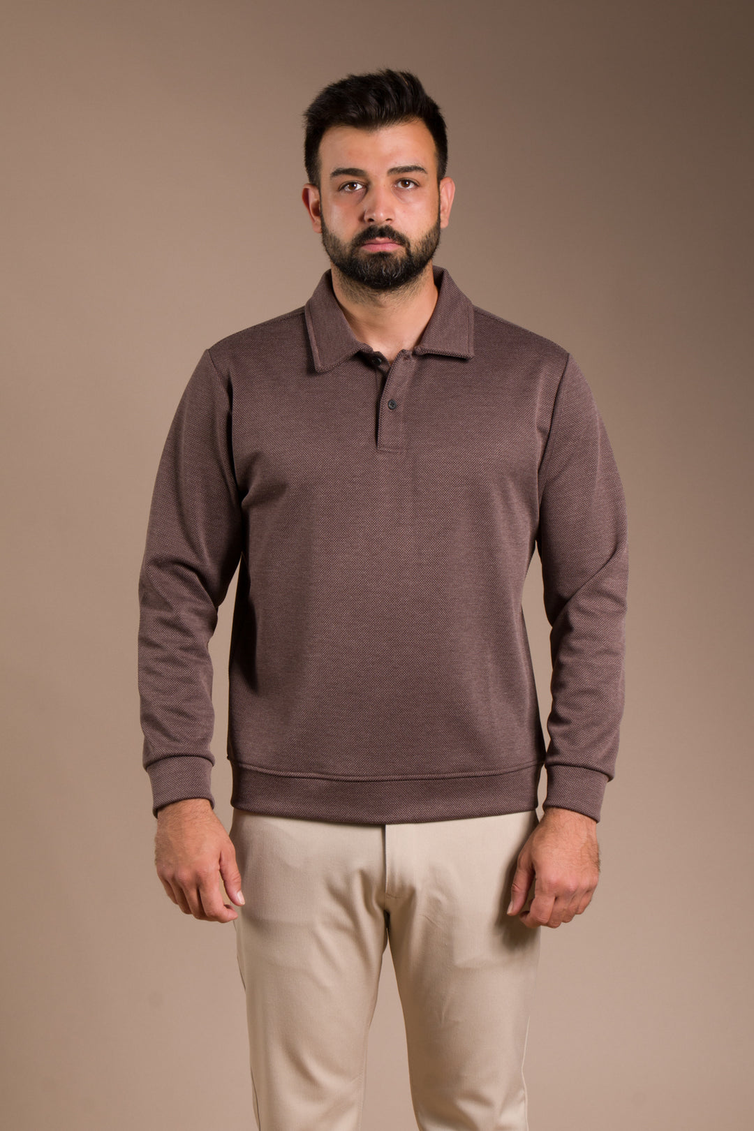 Kahve Dokulu Polo Yaka Sweatshirt