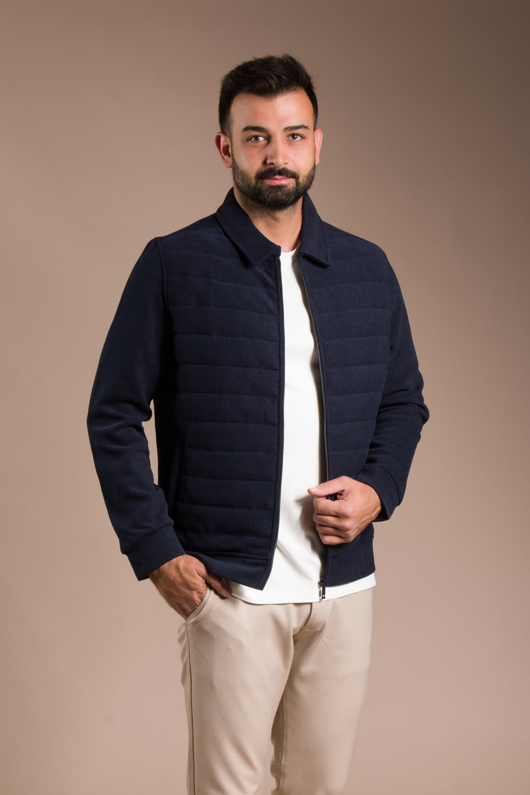 Lacivert Soft Dokulu Kapitone İnce Ceket