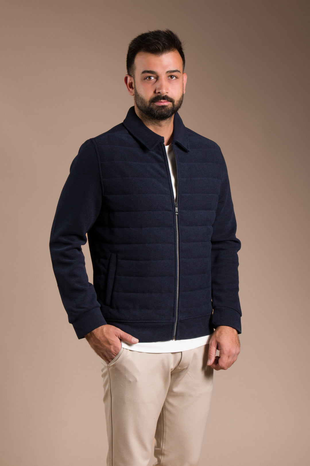 Lacivert Soft Dokulu Kapitone İnce Ceket