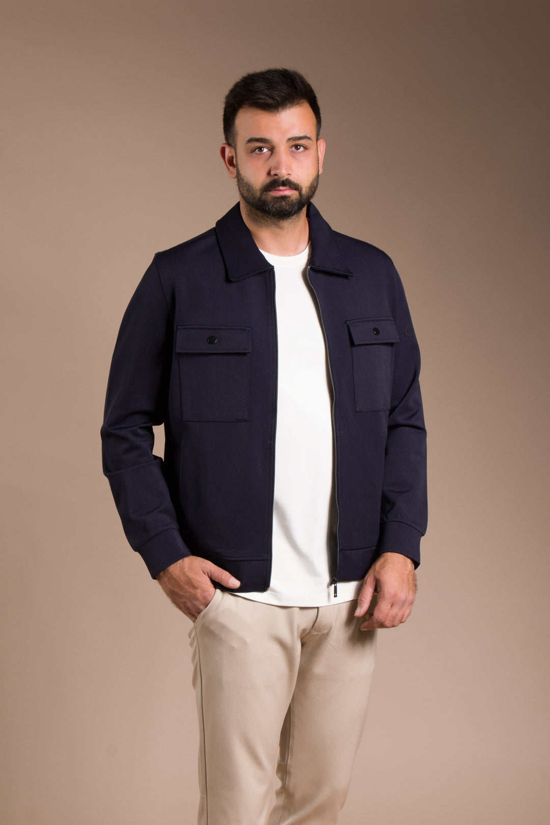 Lacivert Dokulu Polo Yaka İnce Ceket