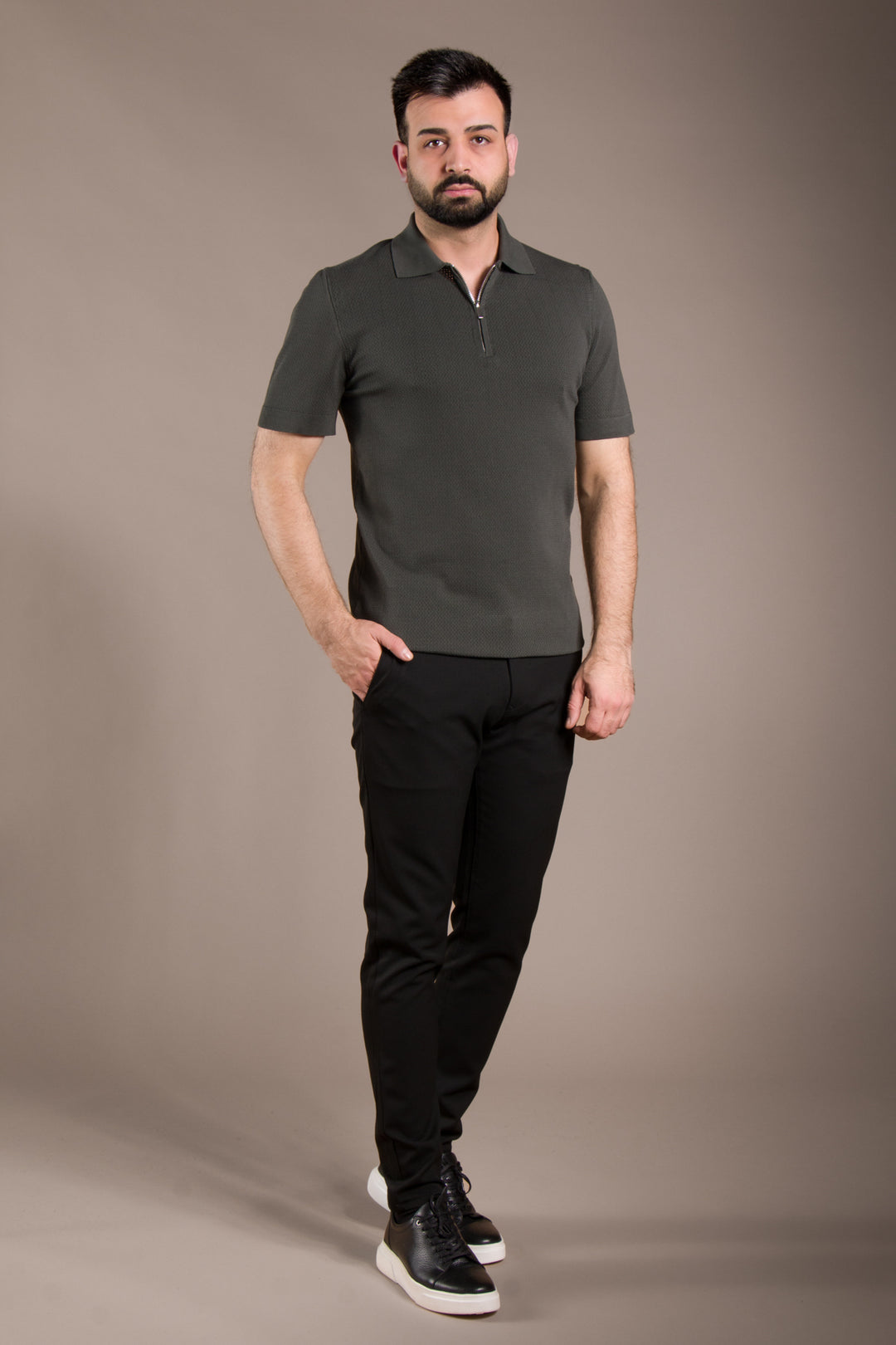 Dokulu Polo Yaka Fermuarlı Slim Fit T-Shirt