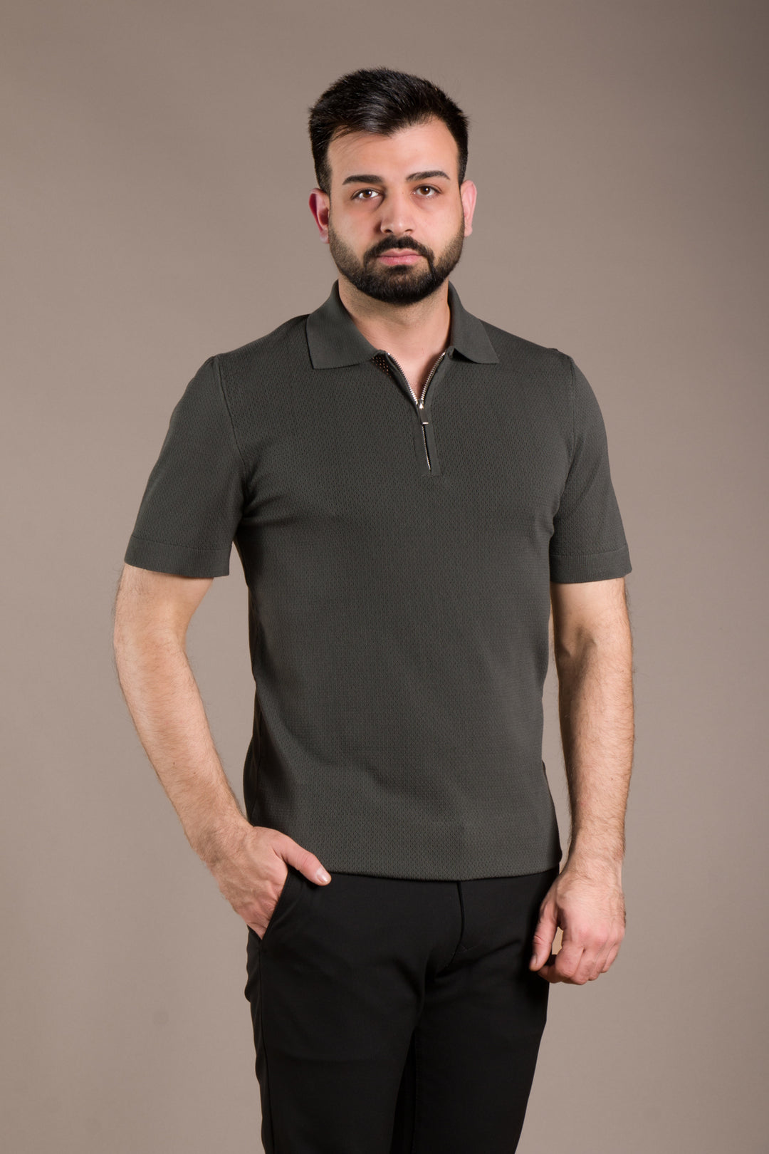 Dokulu Polo Yaka Fermuarlı Slim Fit T-Shirt
