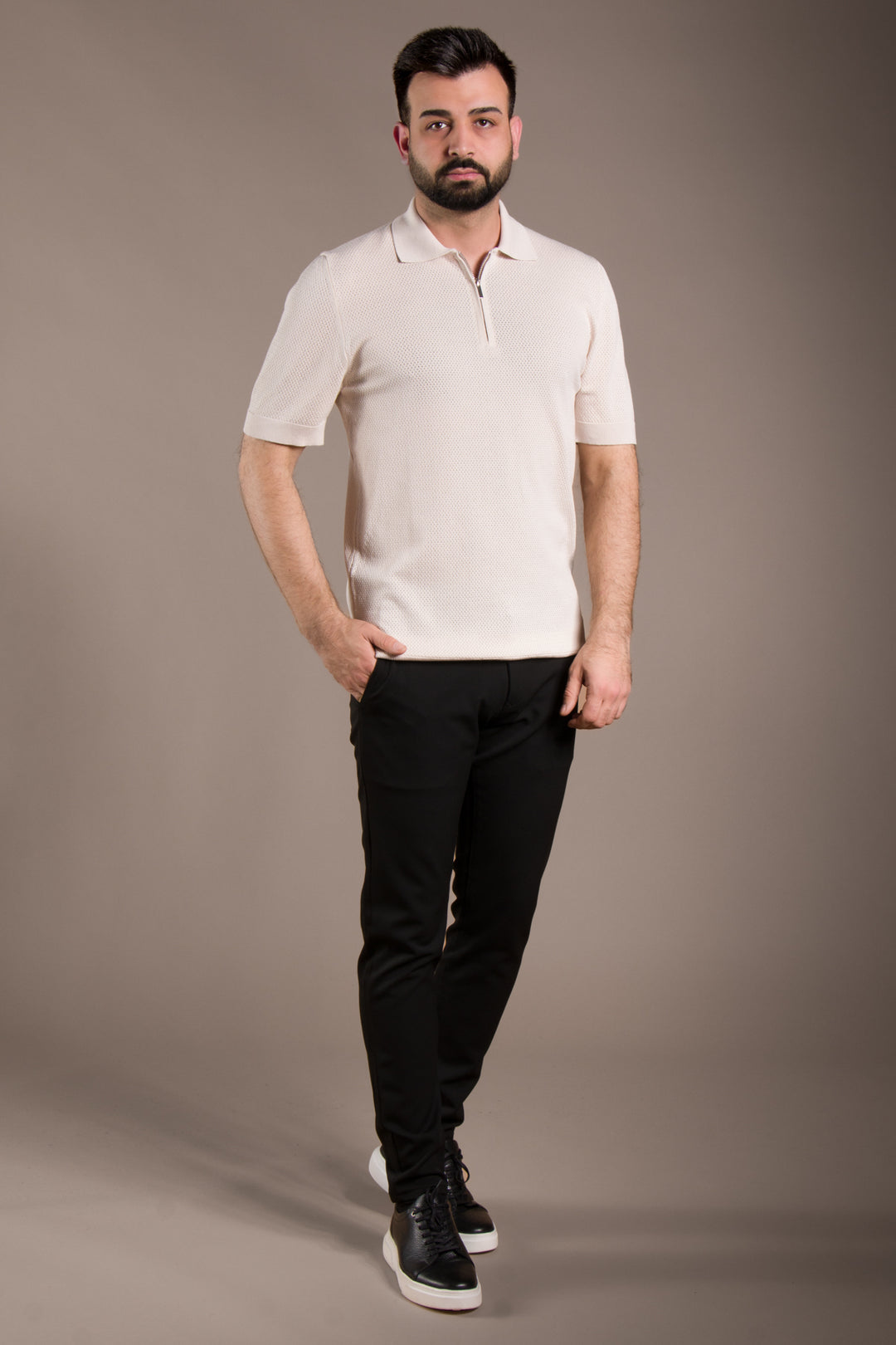 Dokulu Polo Yaka Fermuarlı Slim Fit T-Shirt