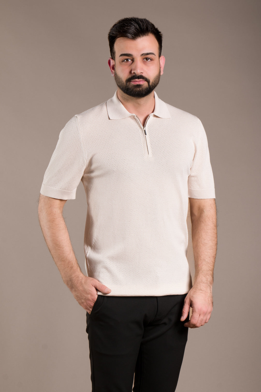 Dokulu Polo Yaka Fermuarlı Slim Fit T-Shirt