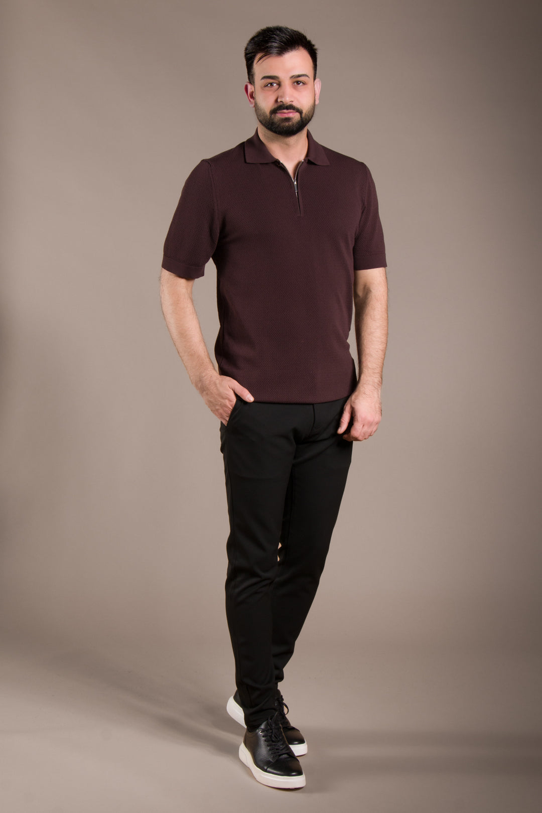 Dokulu Polo Yaka Fermuarlı Slim Fit T-Shirt