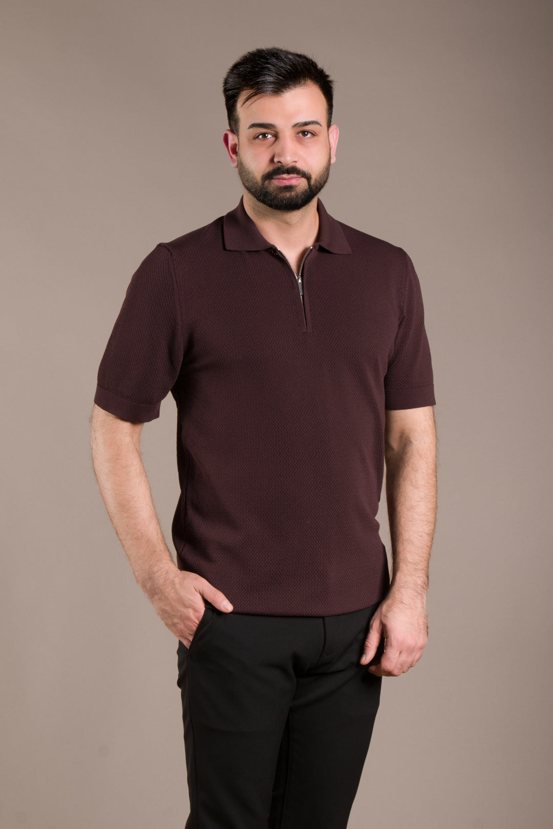 Dokulu Polo Yaka Fermuarlı Slim Fit T-Shirt