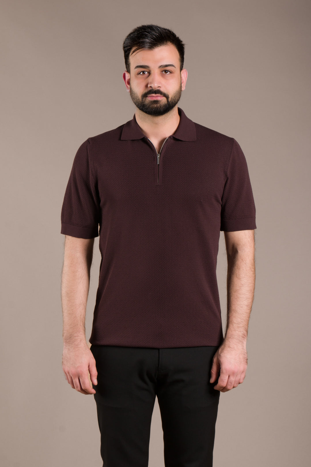 Dokulu Polo Yaka Fermuarlı Slim Fit T-Shirt