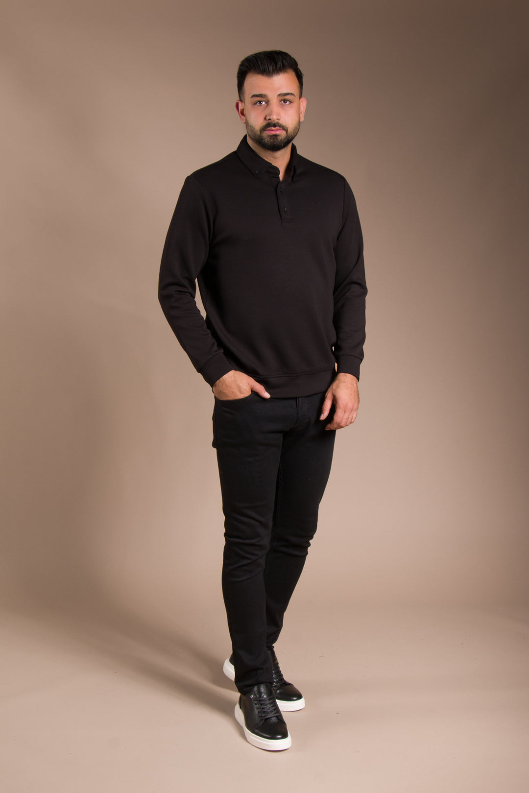Siyah Polo Yaka Sweatshirt
