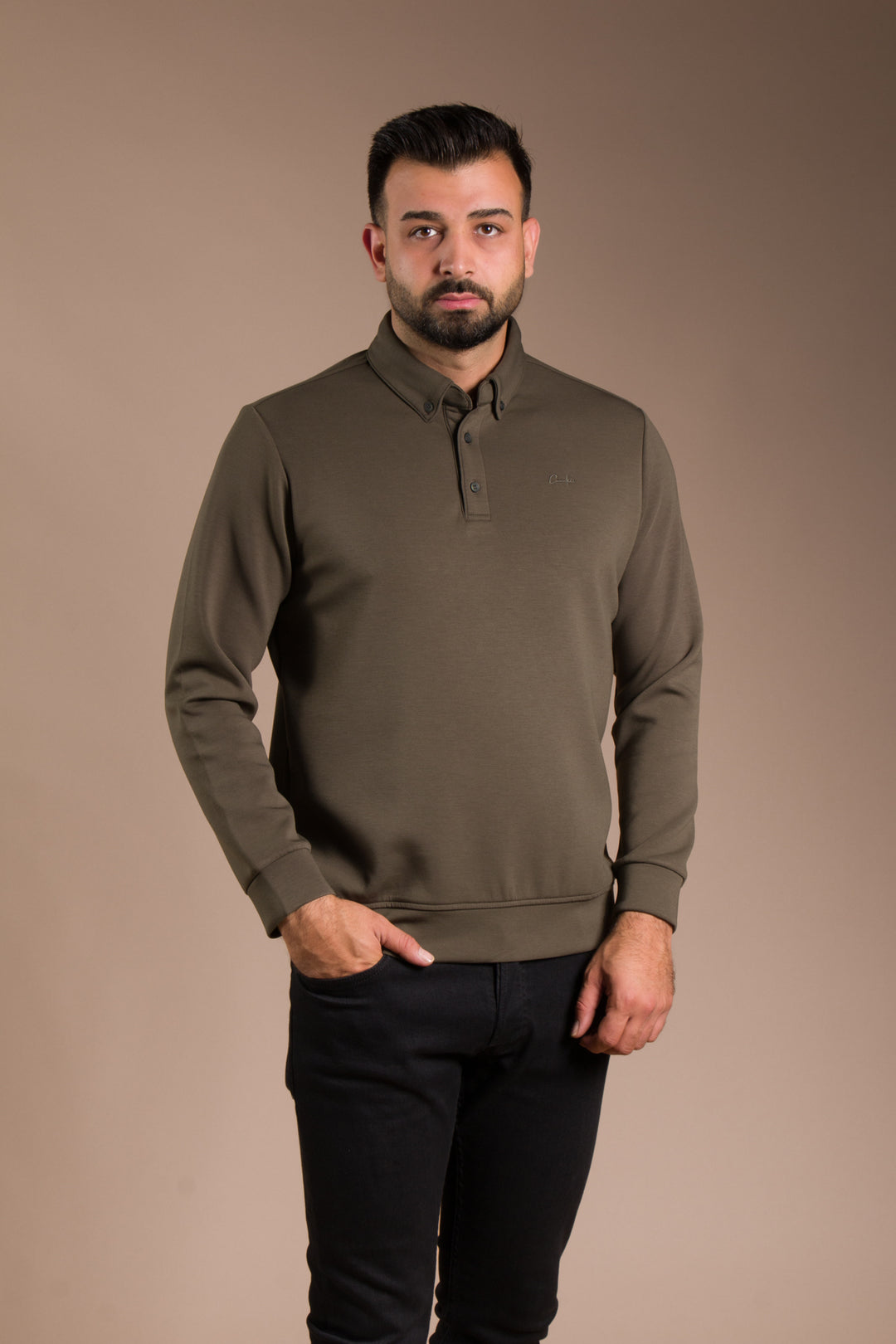 Haki Polo Yaka Sweatshirt