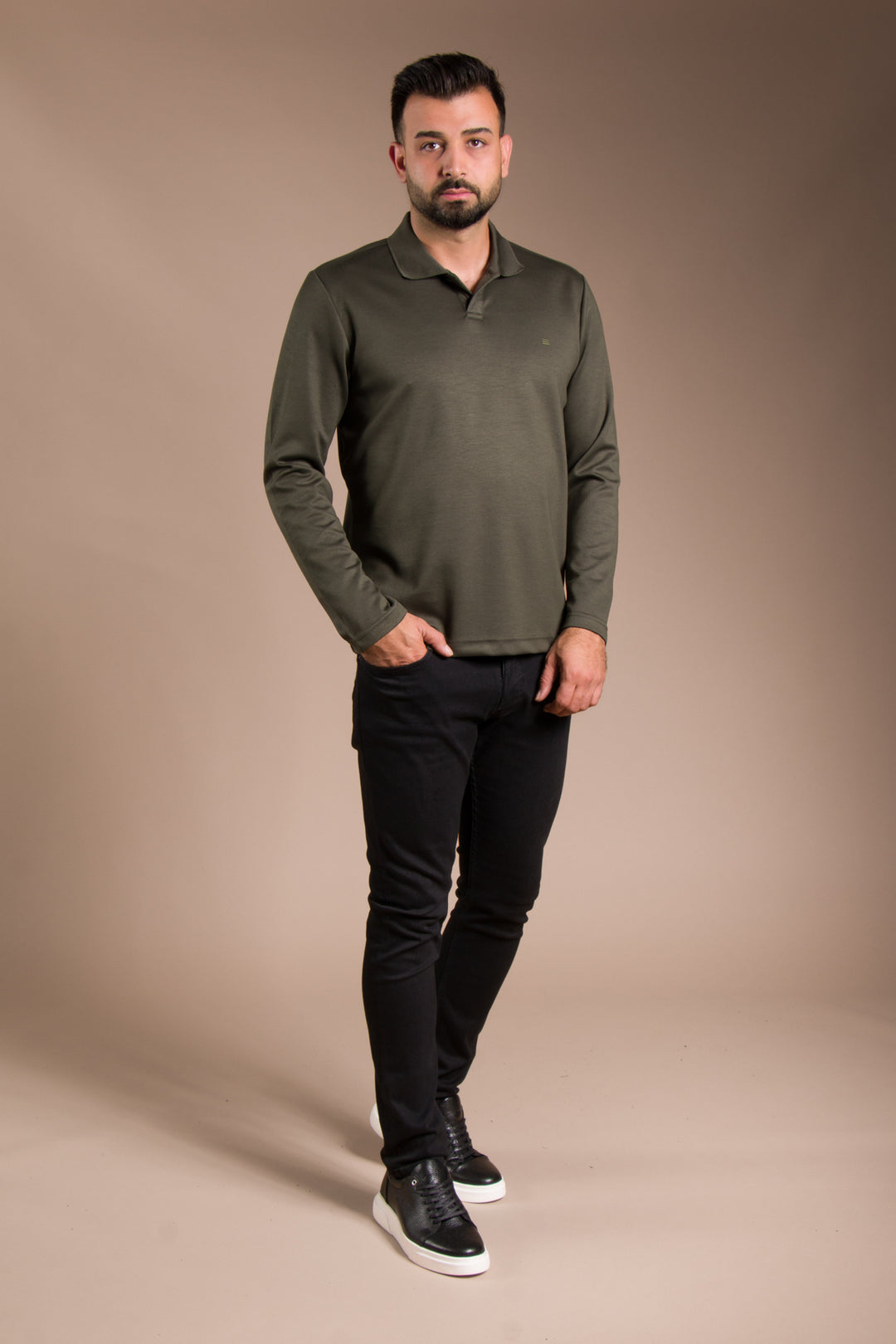 Haki Polo Yaka Soft Sweatshirt