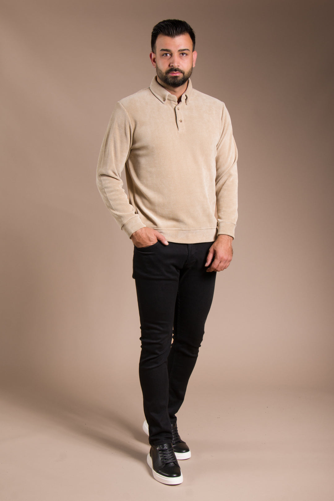 Bej Polo Yaka Kadife Sweatshirt