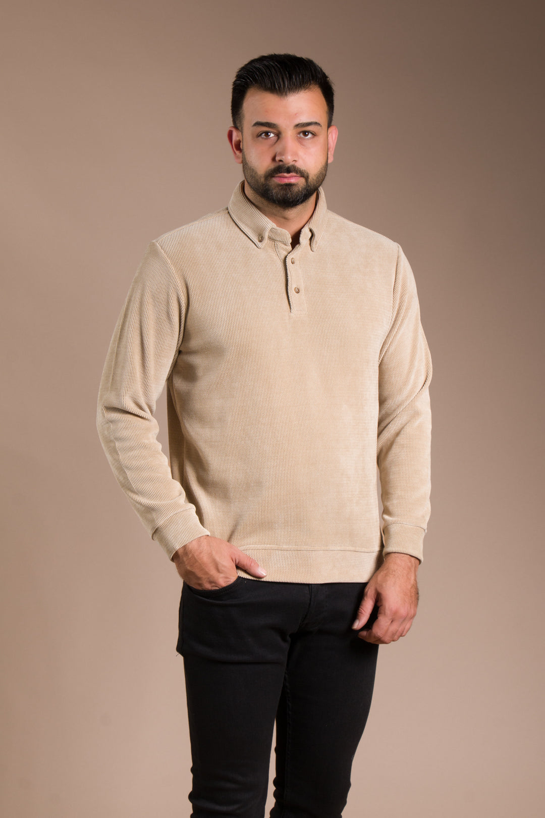 Bej Polo Yaka Kadife Sweatshirt