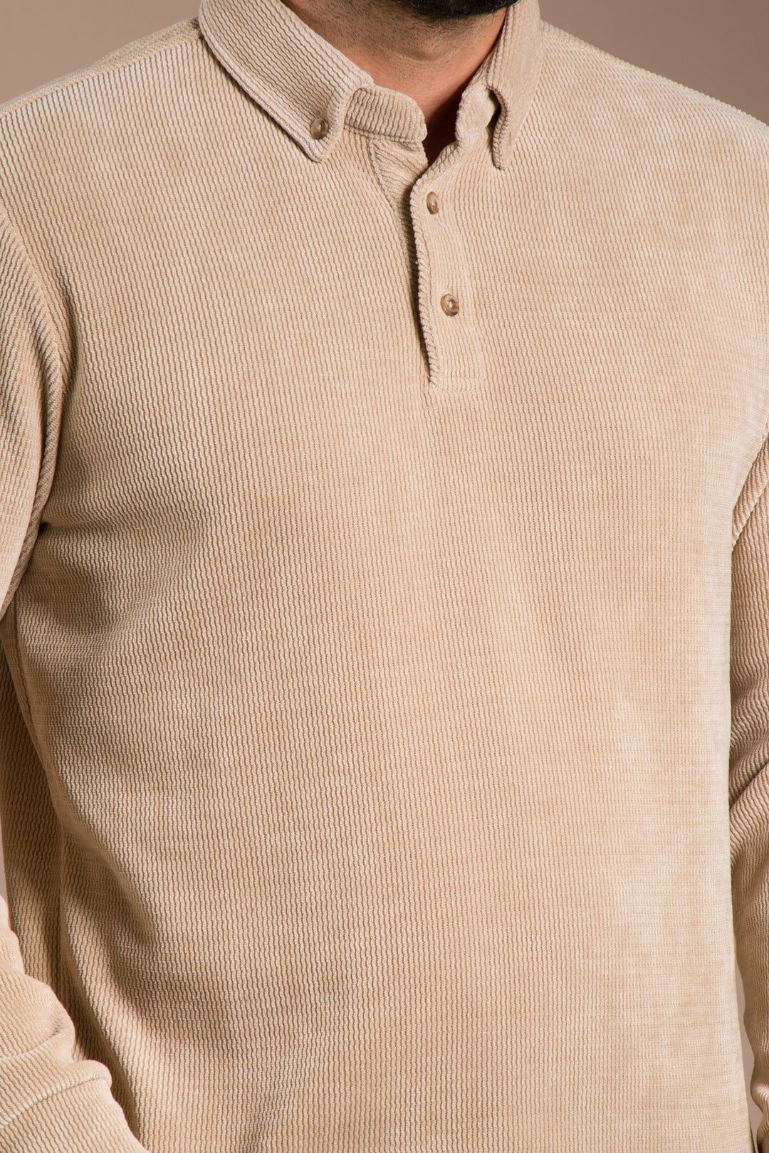 Bej Polo Yaka Kadife Sweatshirt