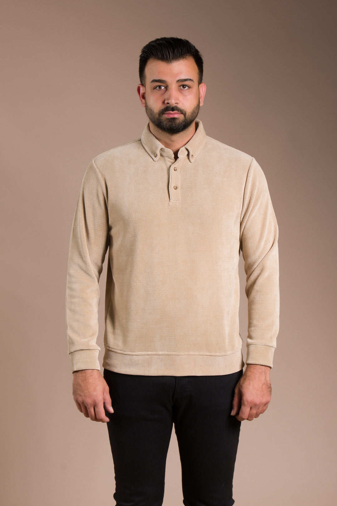 Bej Polo Yaka Kadife Sweatshirt