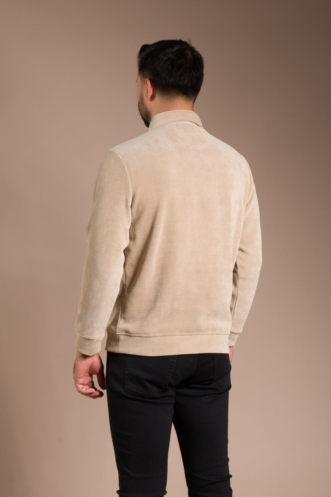 Bej Polo Yaka Kadife Sweatshirt