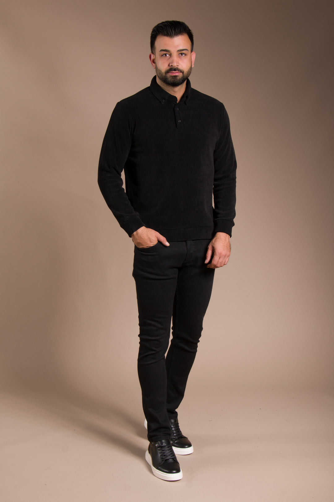 Siyah Polo Yaka Kadife Sweatshirt