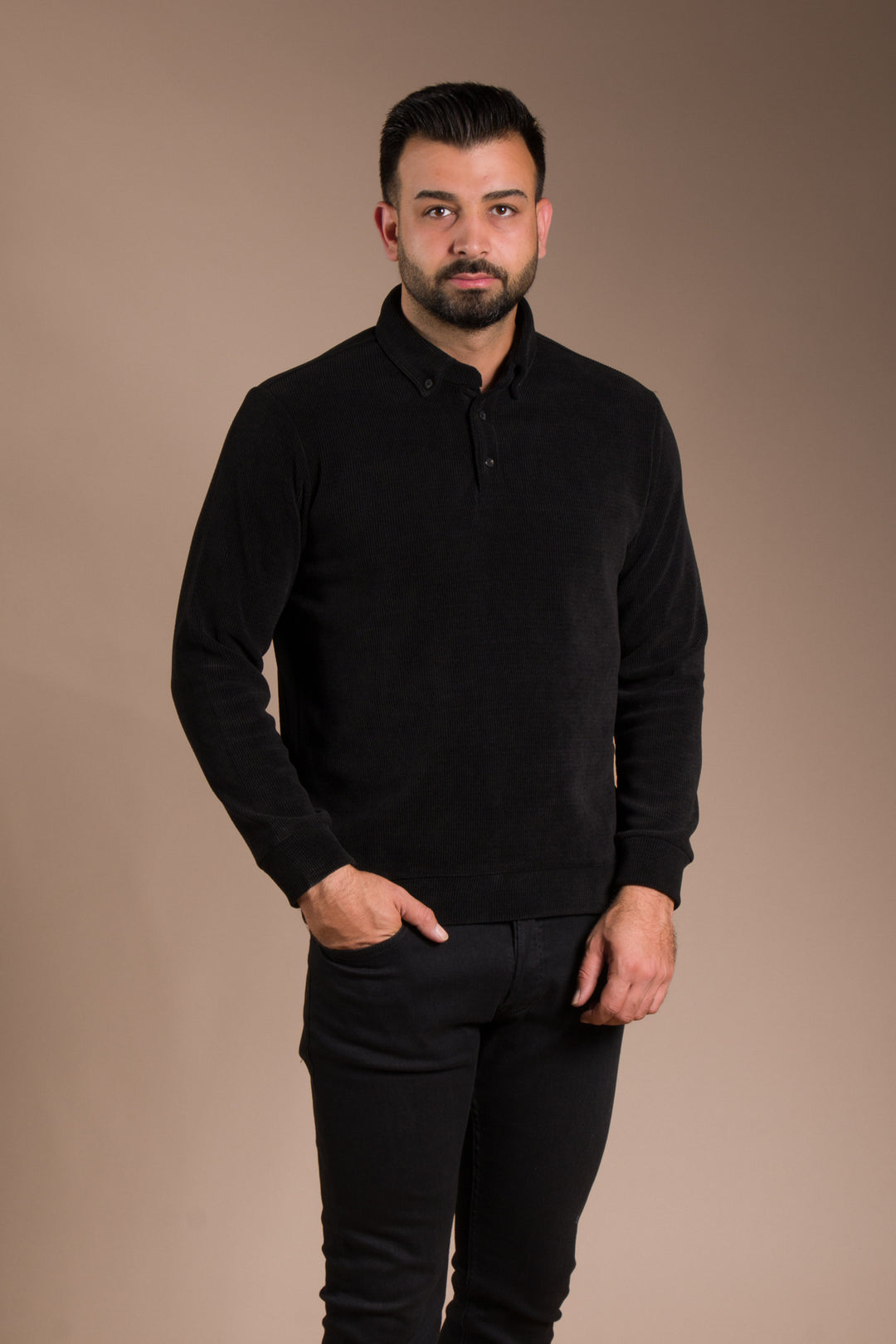 Siyah Polo Yaka Kadife Sweatshirt