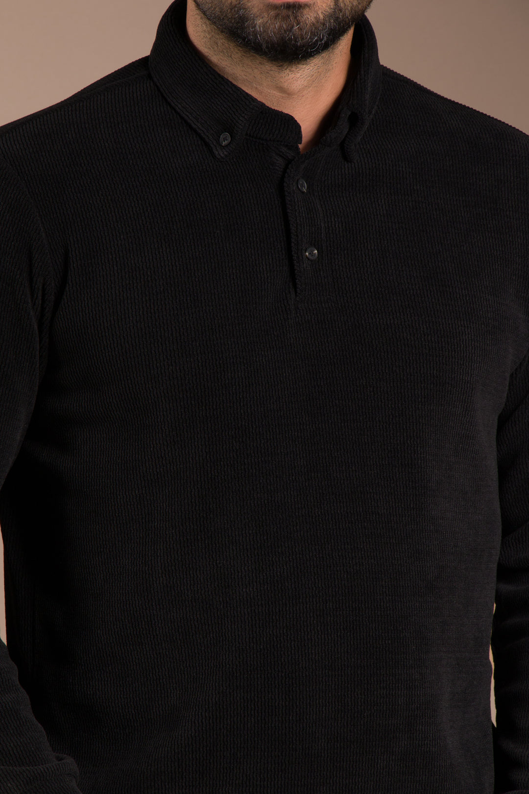 Siyah Polo Yaka Kadife Sweatshirt