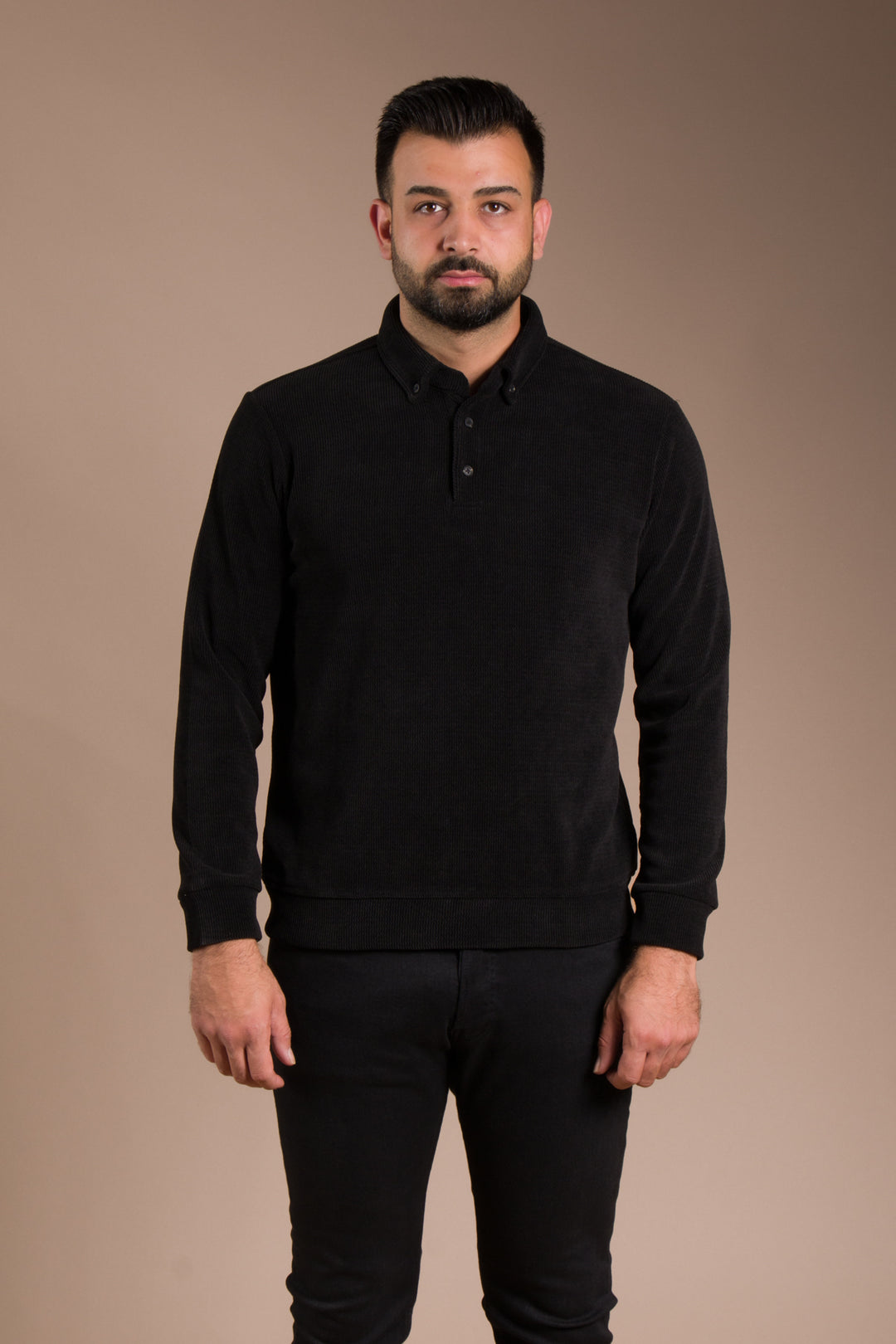 Siyah Polo Yaka Kadife Sweatshirt