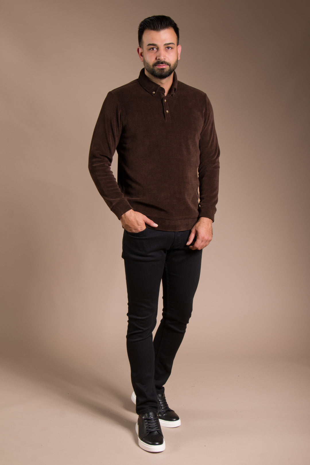 Kahve Polo Yaka Kadife Sweatshirt