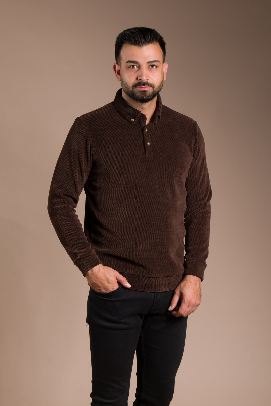 Kahve Polo Yaka Kadife Sweatshirt