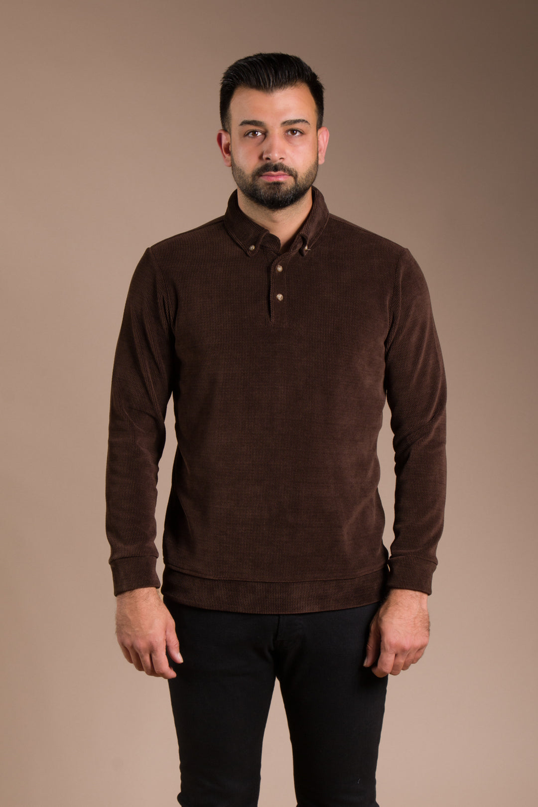 Kahve Polo Yaka Kadife Sweatshirt