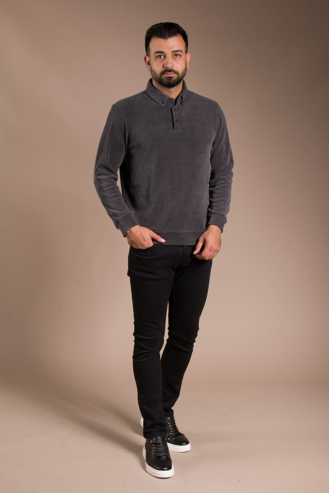 Antrasit Polo Yaka Kadife Sweatshirt