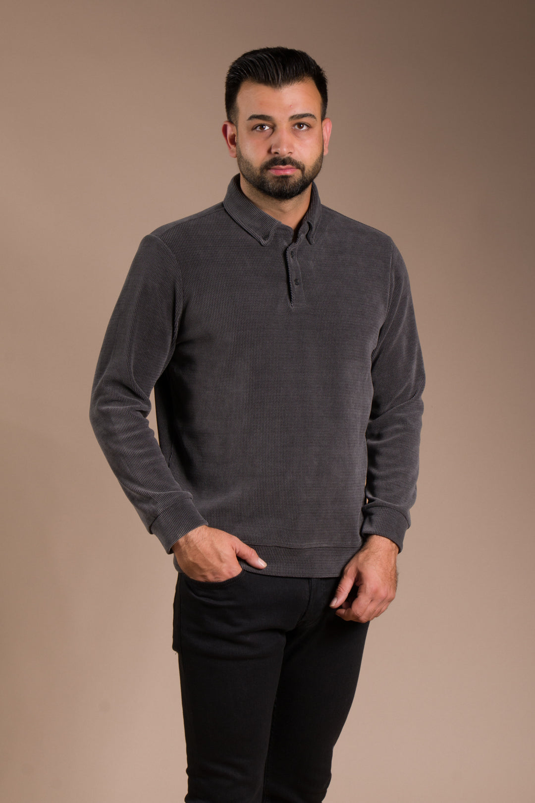 Antrasit Polo Yaka Kadife Sweatshirt