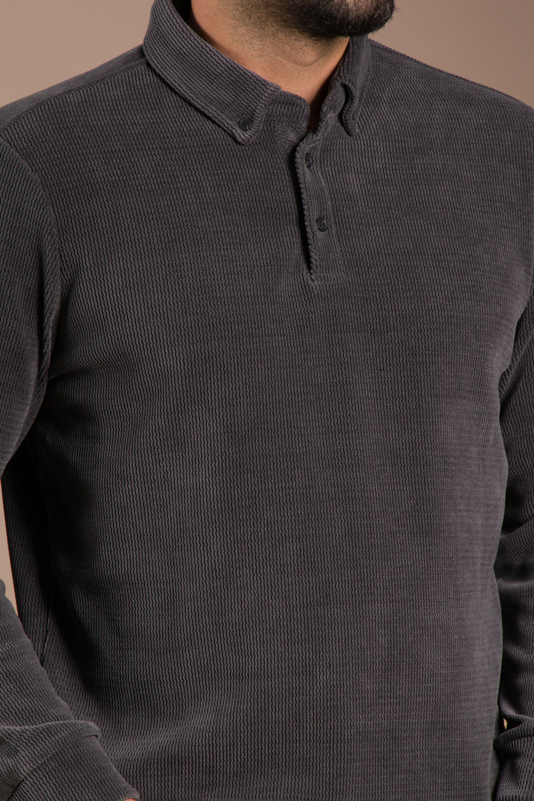 Antrasit Polo Yaka Kadife Sweatshirt