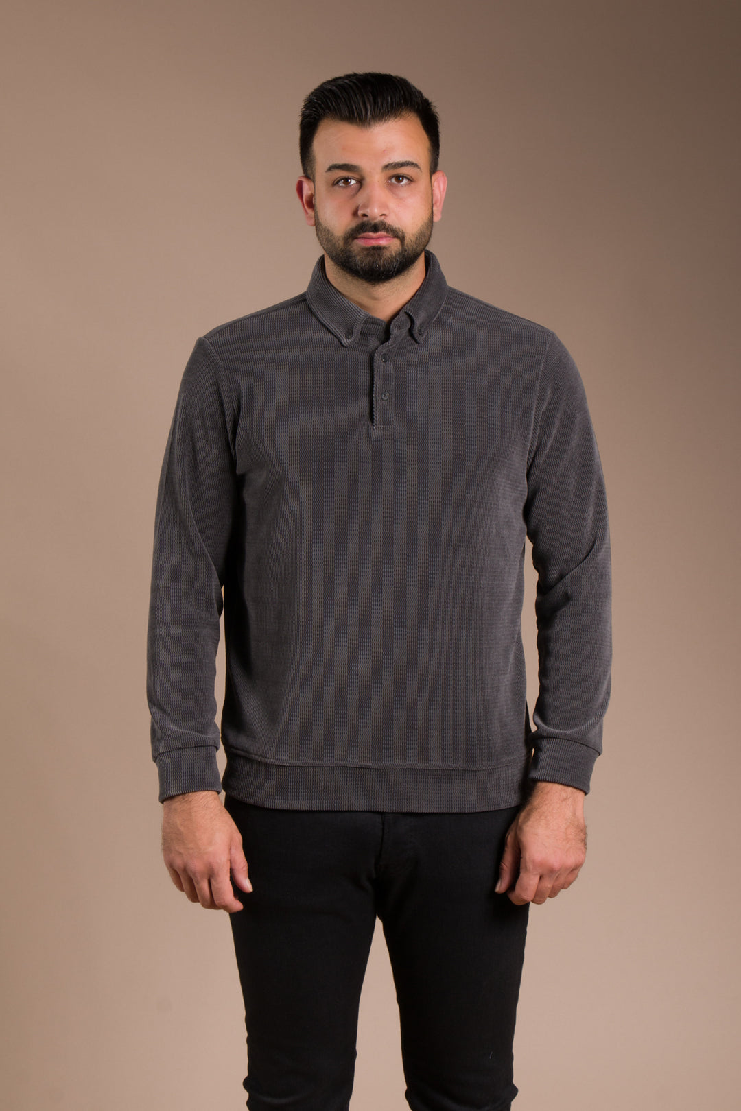 Antrasit Polo Yaka Kadife Sweatshirt