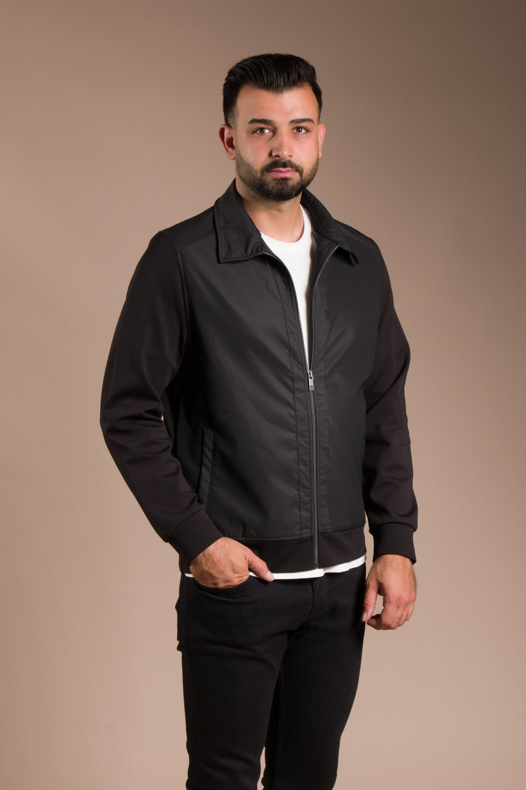 Siyah Kaplana Kumaş Polo Yaka İnce Ceket