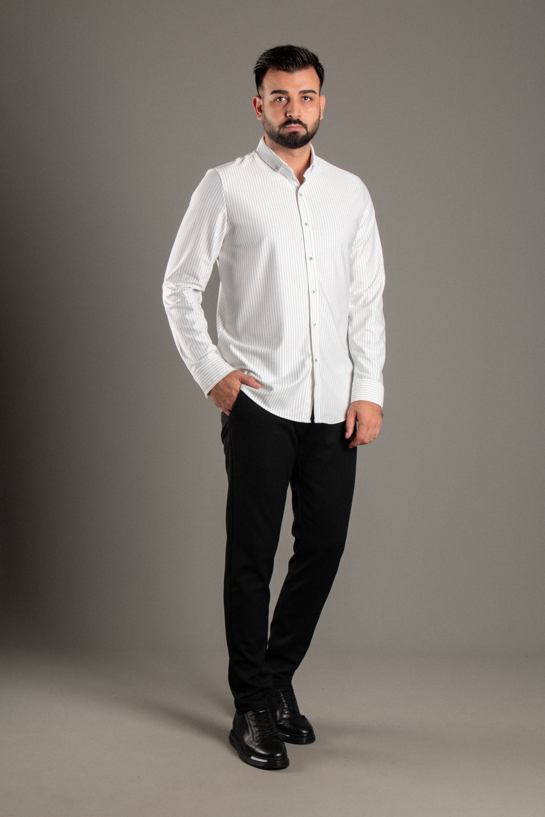 Dokulu Çizgili Slimfit Gömlek