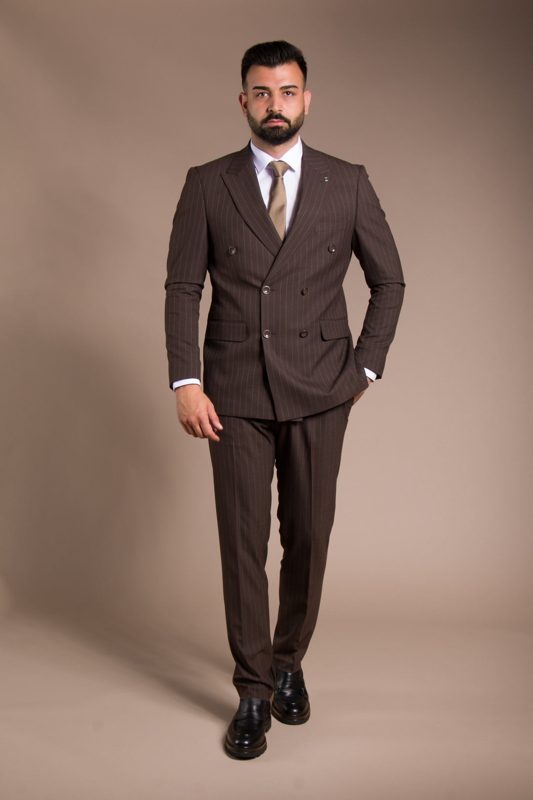 Slim Fit Çizgili Kruvaze Takım Elbise