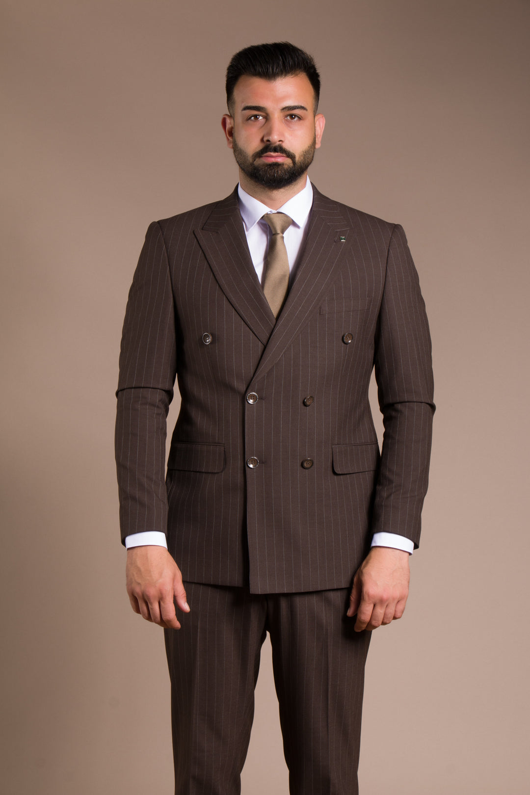 Slim Fit Çizgili Kruvaze Takım Elbise