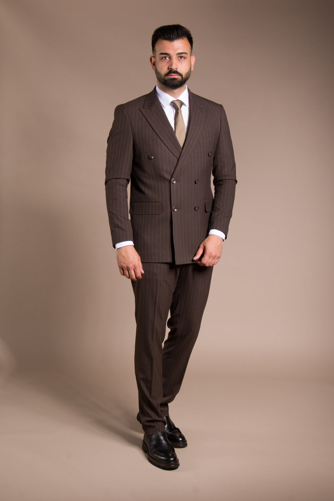 Slim Fit Çizgili Kruvaze Takım Elbise