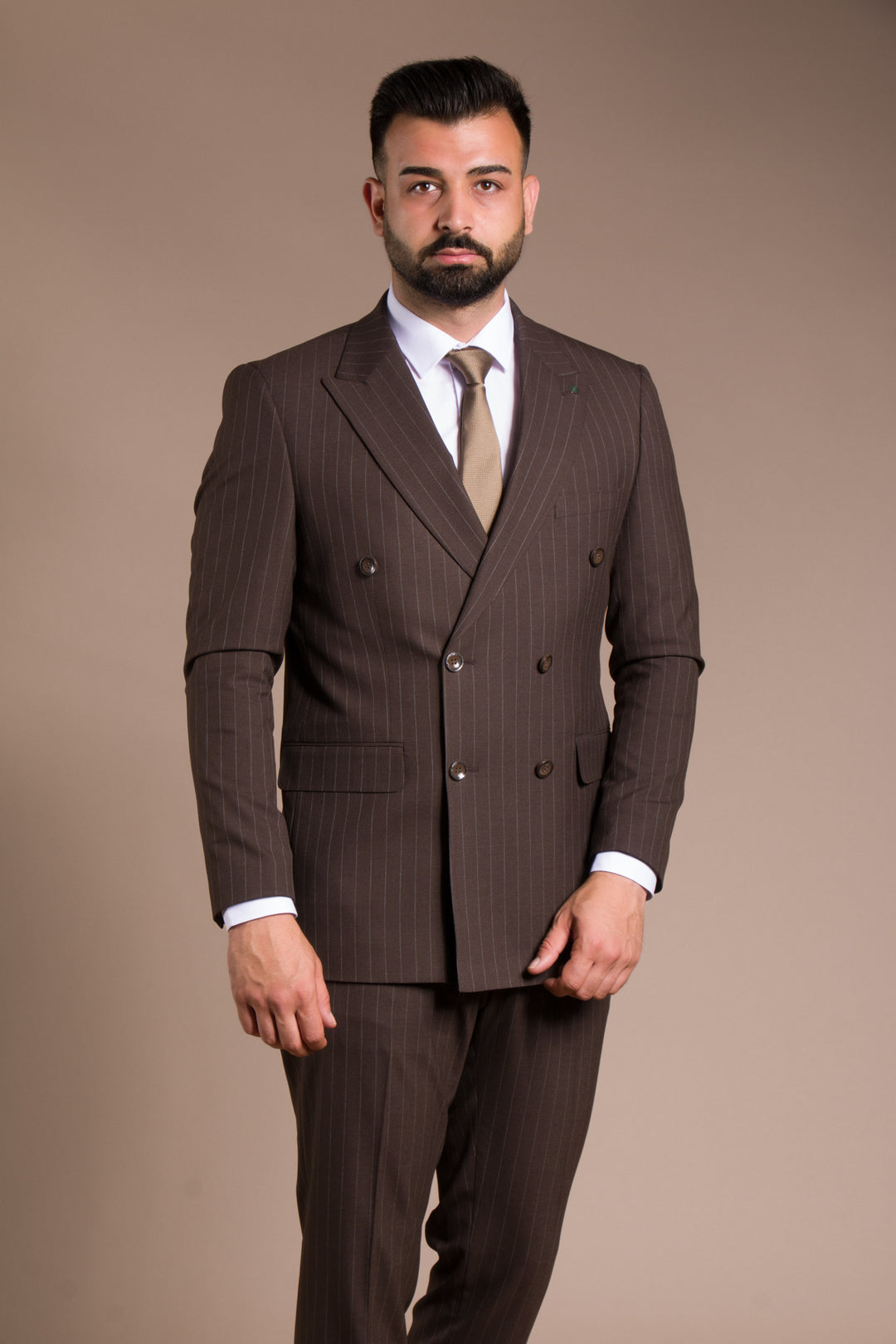 Slim Fit Çizgili Kruvaze Takım Elbise