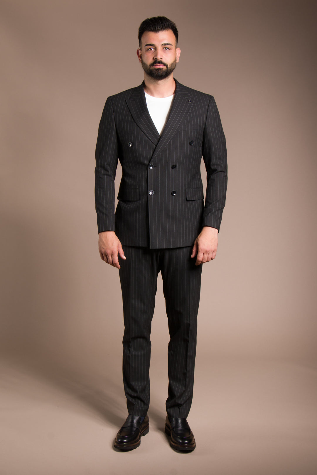 Slim Fit Çizgili Kruvaze Takım Elbise
