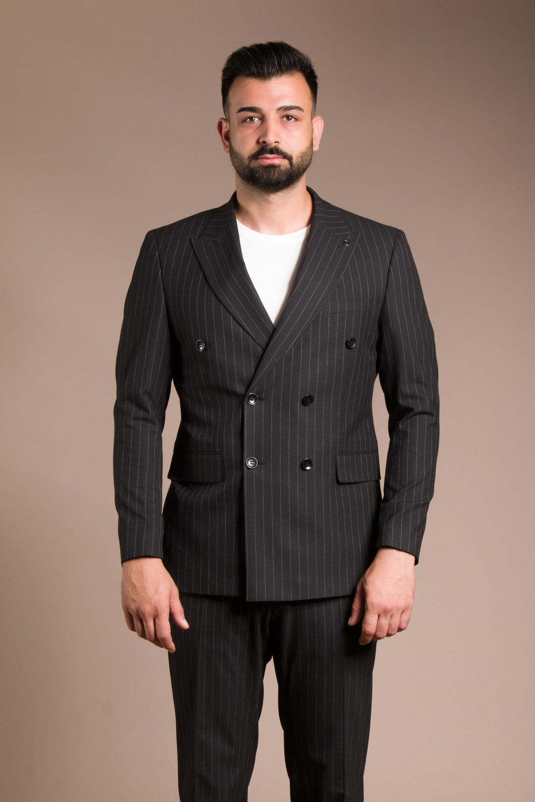 Slim Fit Çizgili Kruvaze Takım Elbise