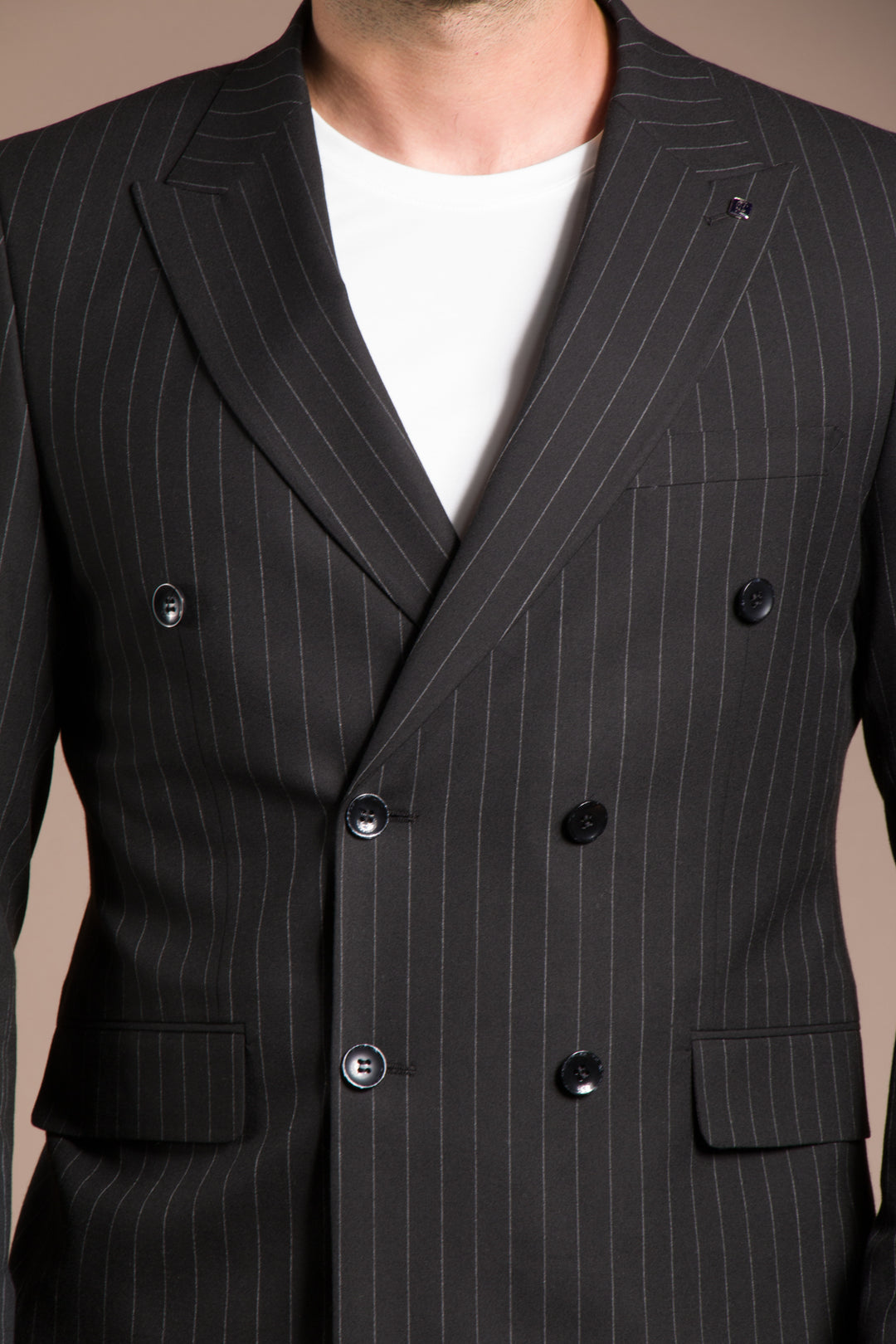 Slim Fit Çizgili Kruvaze Takım Elbise