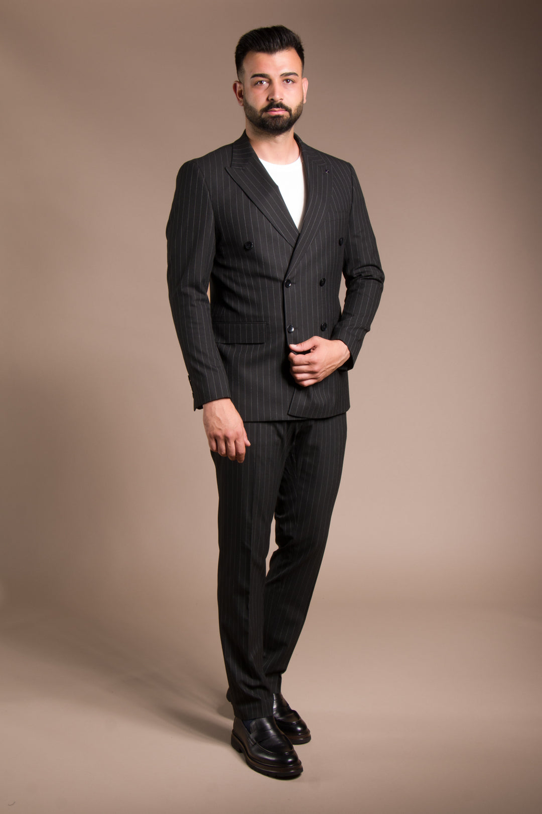 Slim Fit Çizgili Kruvaze Takım Elbise
